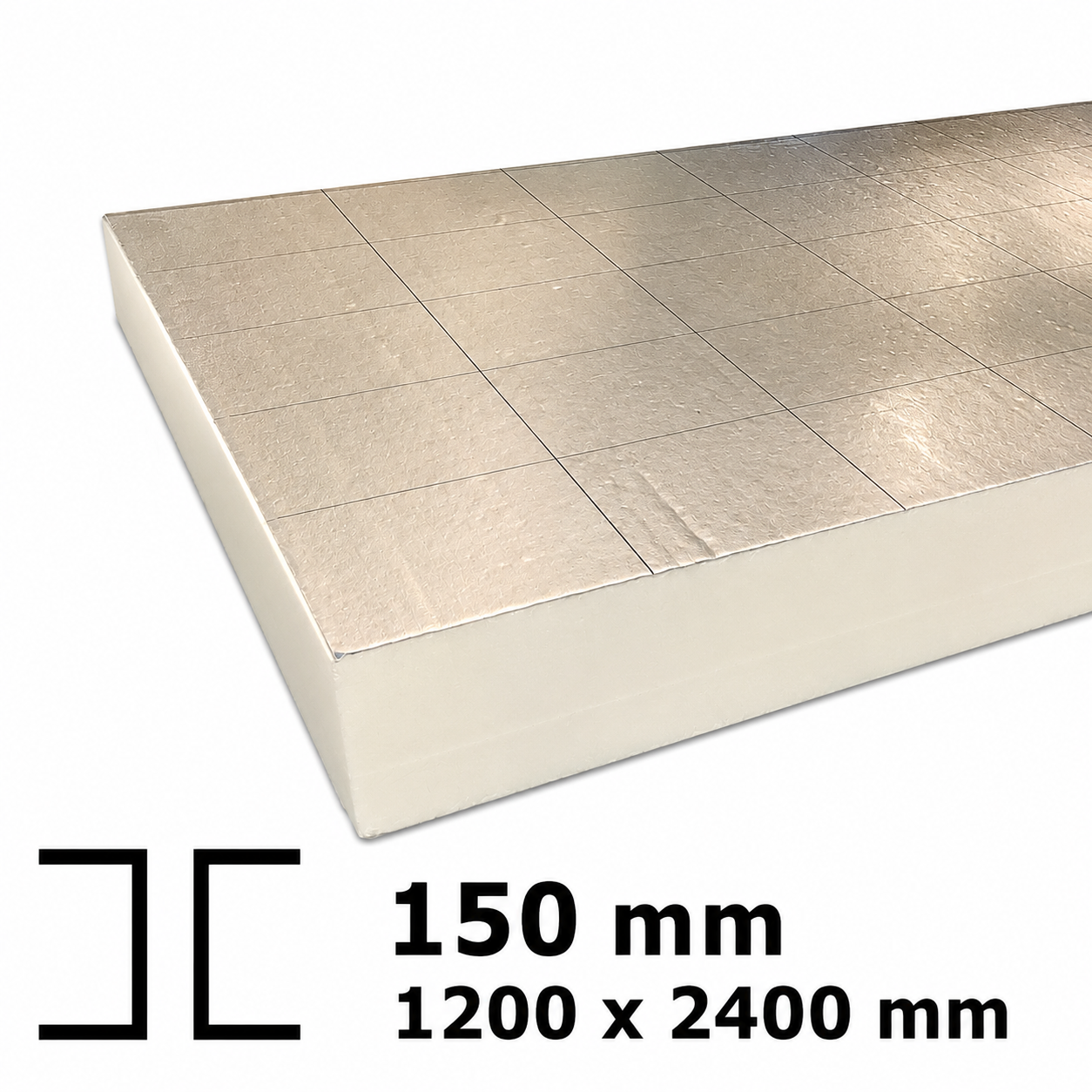 Płyta termoizolacyjna PIR 150 mm z okładziną aluminiową, wymiar 1200 × 2400 mm.