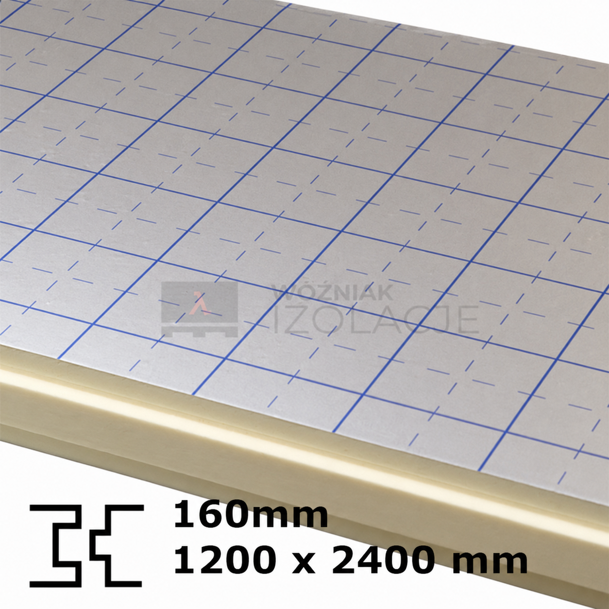Płyta termoizolacyjna PIR 160 mm z okładziną aluminiową, frezowane krawędzie, wymiar 1200 × 2400 mm.