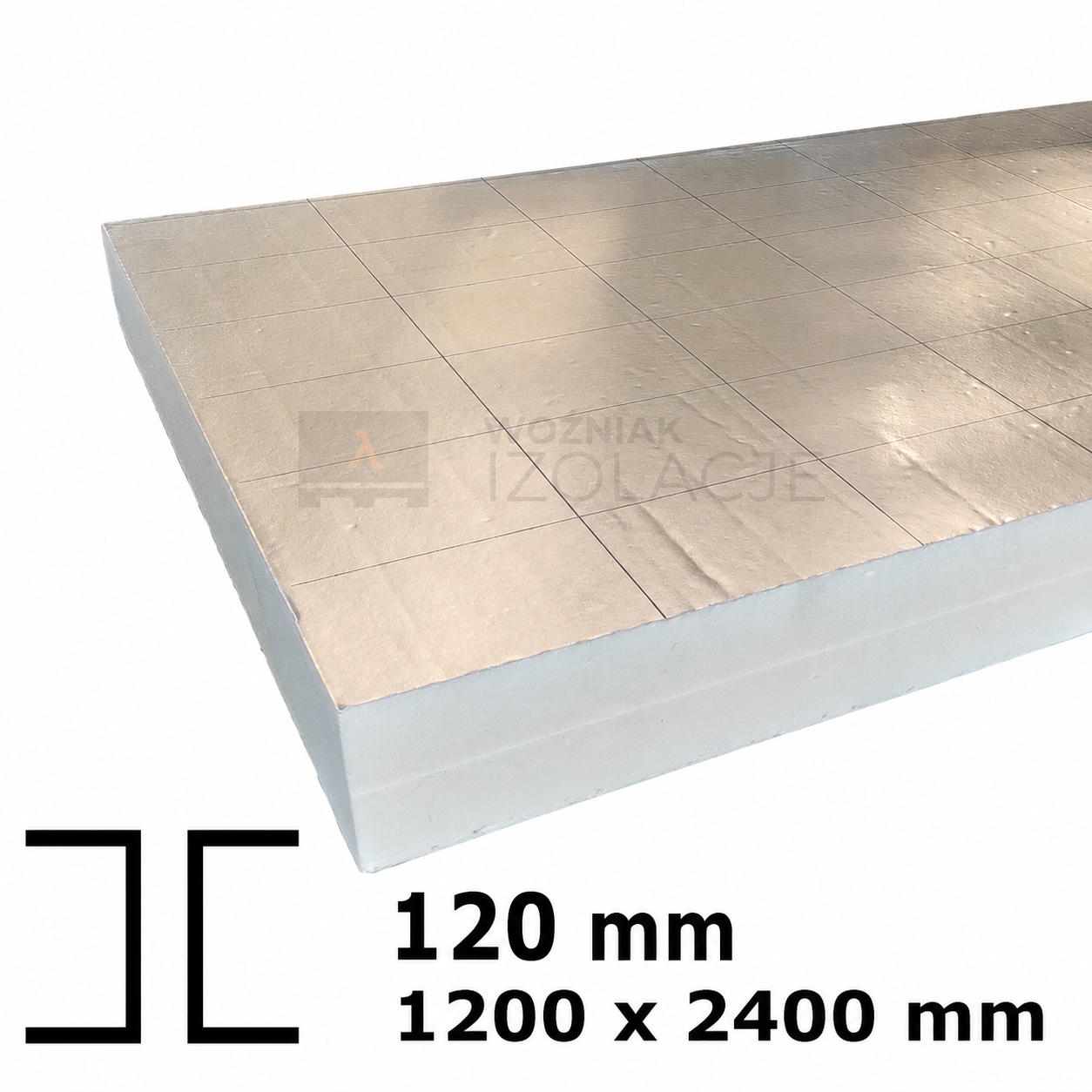 Płyta termoizolacyjna PIR 120 mm z okładziną aluminiową, wymiar 1200 × 2400 mm.