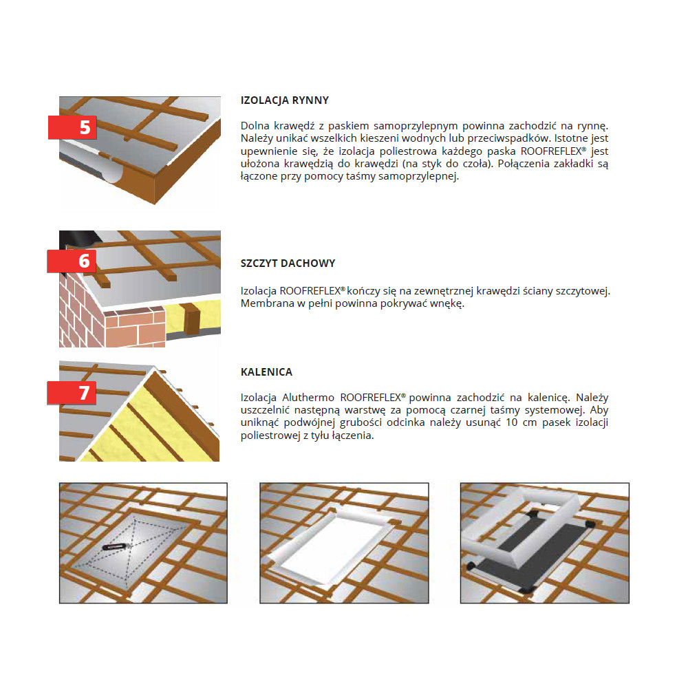 ROOFREFLEX® to materiał składający się z niskoemisyjnej, wysoce paroprzepuszczalnej membrany obijającej ciepło i izolacji poliestrowej. Strona odblaskowa jest skierowana na zewnątrz konstrukcji - połączenie zakładkowe z wbudowanym paskiem taśmy samoprzylepnej, jest zawsze skierowane w dół.