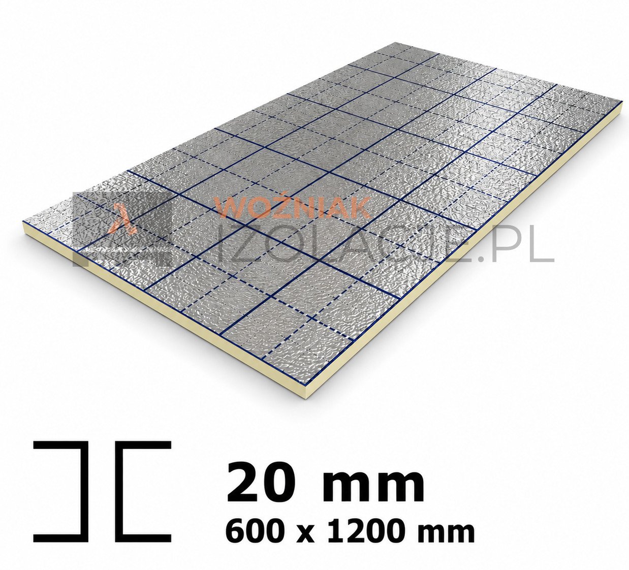 Płyta termoizolacyjna PIR 20 mm z okładziną aluminiową o strukturze tłoczonej, wymiar 600 × 1200 mm.