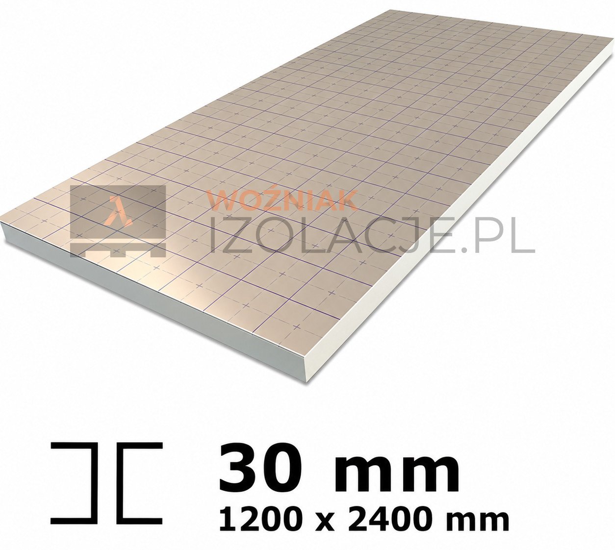 Płyta PIR Unilin Floor 30 mm o wymiarach 2400 × 1200 mm z okładziną aluminiową i frezowanymi krawędziami.
