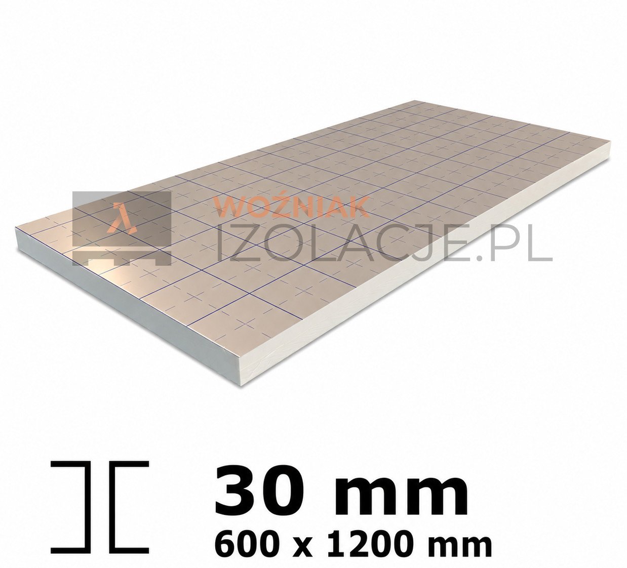 Płyta PIR Unilin Floor 30 mm o wymiarach 600 × 1200 mm z okładziną aluminiową i frezowanymi krawędziami.