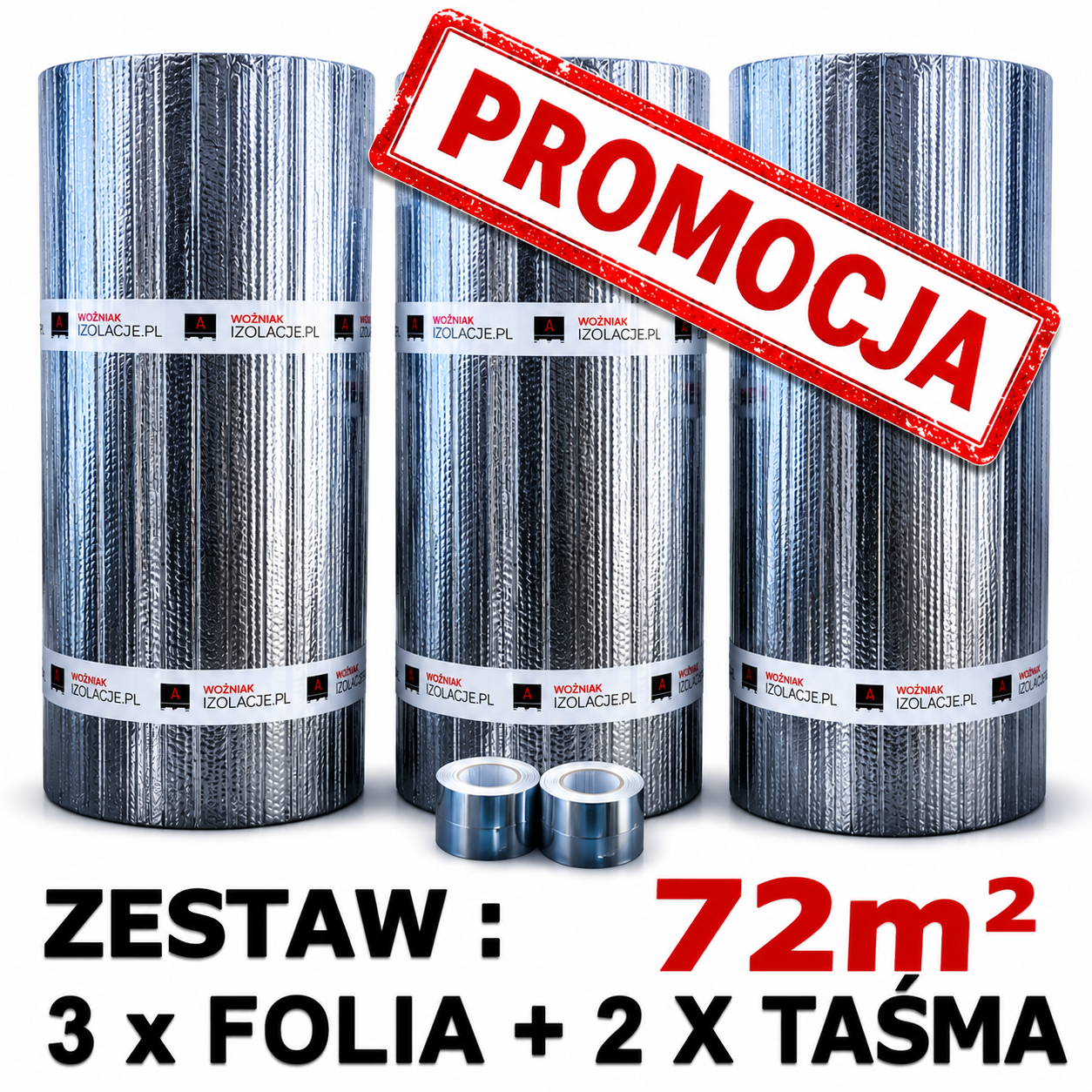 Zestaw folii termoizolacyjnej THERMOPROTECTOR 72 m² – 3 rolki folii termoizolacyjnej i 2 taśmy montażowe.